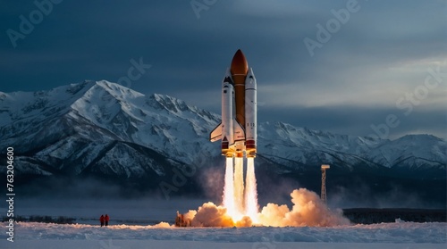  A realistic space shuttle launches into the clouds  a symbol of human exploration and advancement  poised to venture into the vastness of space.