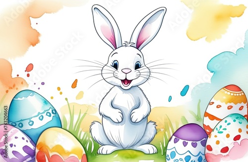 Cartoon funny bunny smiles, surrounded by Easter eggs. Easter card, with space for text