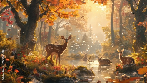 Enchanted forest scene with deer and birds - Peaceful depiction of a serene forest landscape  a deer family by a stream and birds fluttering  evoking tranquility and harmony