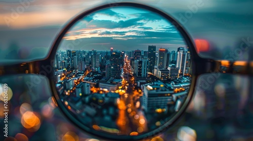 View through a magnifying glass on the modern city at night. © LAYHONG