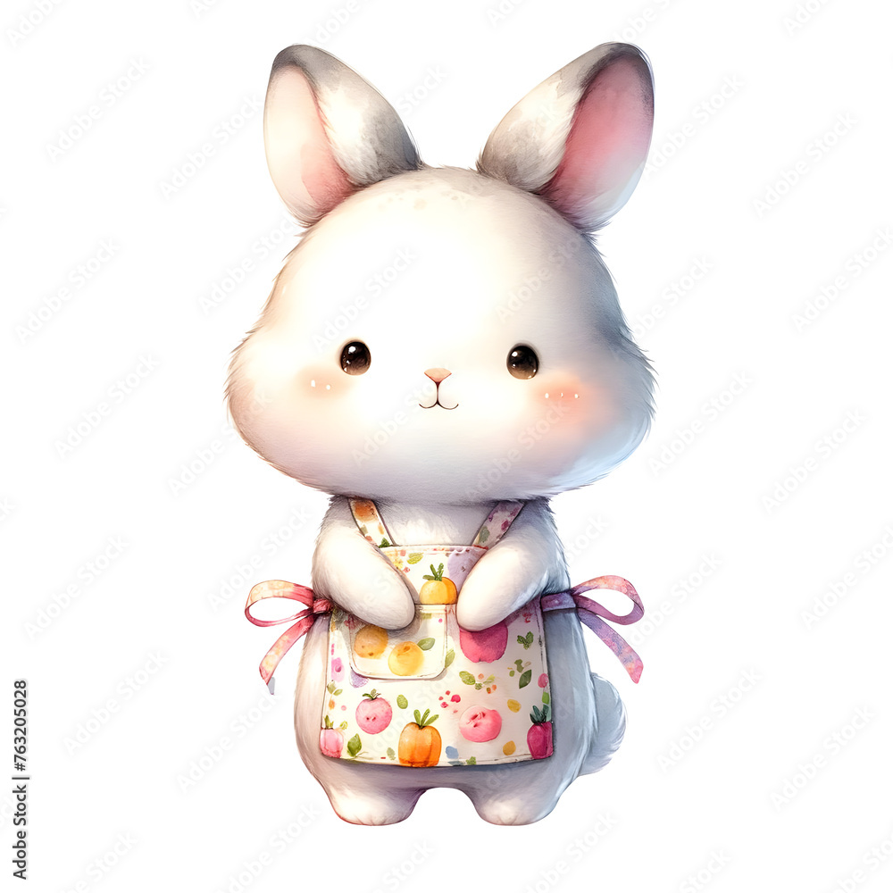 Fototapeta premium Cute watercolor animal character wearing apron and ready for cooking or baking food clipart of rabbit