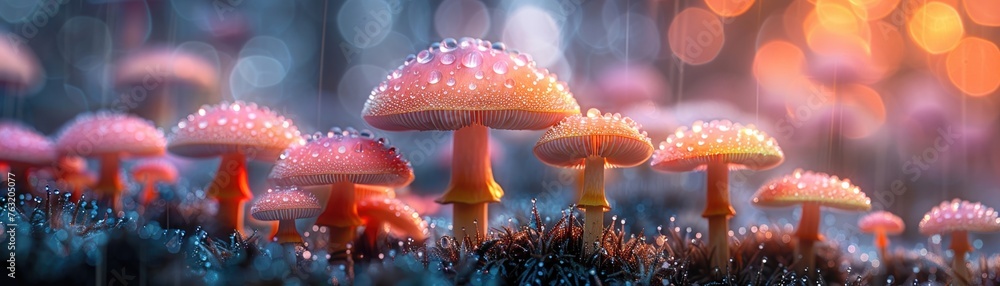 A closeup of a towering mushroom forest Dewdrops hang from the caps like glistening pearls A slice of a giant, rainbowcolored mushroom reveals a portal to another dimension - obrazy, fototapety, plakaty 