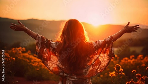 Happy woman standing with her back on sunset in nature photo