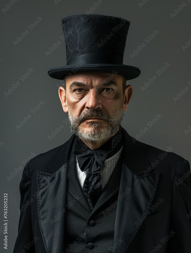A somber-looking man in a decorated top hat and formal, elegant suit projects sophistication A somber-looking man in a decorated top hat and formal, elegant suit projects sophistication