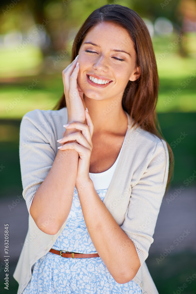 Park, smile and sunshine with woman, relax and happiness with confident girl and thinking. Cheerful person, outdoor and summer with weekend break and casual outfit with nature and ideas with joy Park, smile and sunshine with woman, relax and happiness with confident girl and thinking. Cheerful person, outdoor and summer with weekend break and casual outfit with nature and ideas with joy
