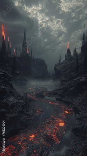 3D render,3D Illustrate A scene of punishment in Tartarus, with souls in purgatory, depicted in a stark, hauntingly beautiful landscape Miraculous beyond description