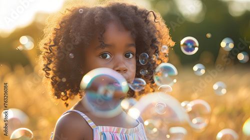 Black skin little girl played with soap bubbles