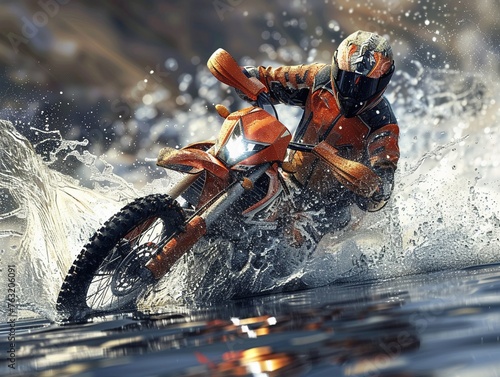 3D render,3D Illustrate Feel the rush of adrenaline as a zoomed image captures a motorcyclist navigating a rushing water stream © wilaiwan