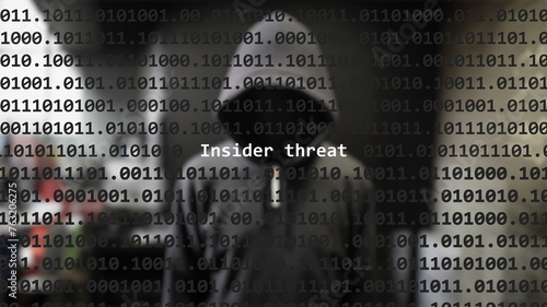 Cyber attack insider threat text in foreground screen, anonymous hacker hidden with hoodie in the blurred background. Vulnerability text in binary system code on editor program.