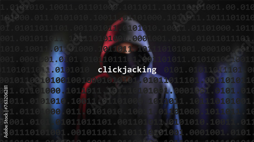 Cyber attack clickjacking text in foreground screen, anonymous hacker hidden with hoodie in the blurred background. Vulnerability text in binary system code on editor program. photo