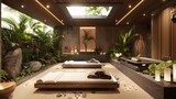Luxurious spa design, heated stone layout, essential oil ambiance, comfort towel arrangement, indoor plants, natural materials, tranquility and rejuvenation connection.