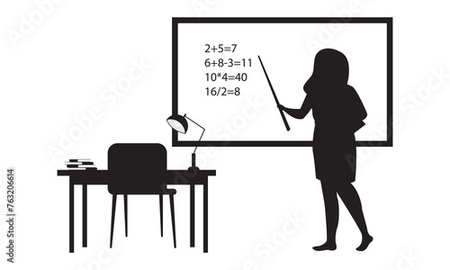 Female teacher vector silhouette illustration black color, woman teacher teaching in a board , teacher vector silhouette.