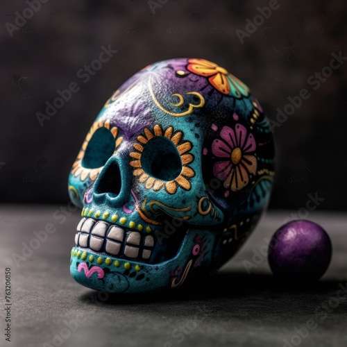 a blue skull with a purple ball