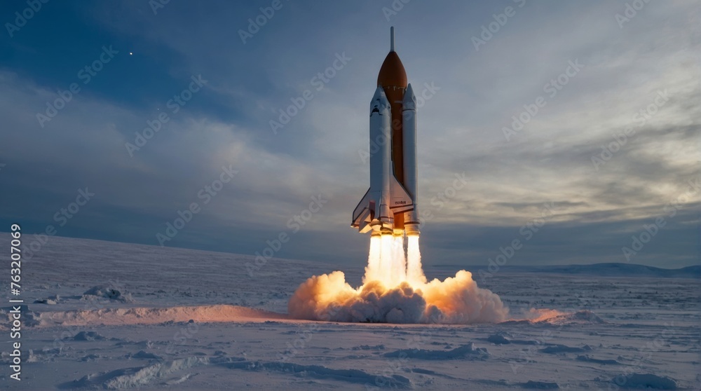 
A realistic space shuttle launches into the clouds, a symbol of human exploration and advancement, poised to venture into the vastness of space.