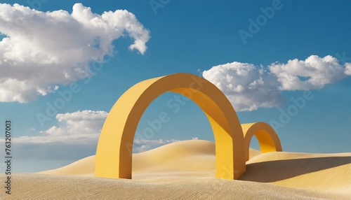 3D desert landscape with yellow arches and white clouds in the blue sky