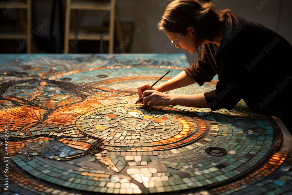 Woman creating mosaic design - obrazy, fototapety, plakaty 