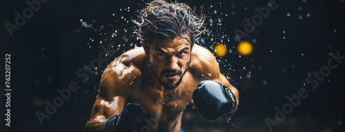 Portrait of a courageous dark-haired boxer in boxing gloves, ready to strike, against the dark background with water drops. Panoramic banner with copy space, boxing