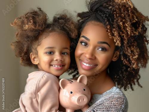 African American Mom and Daughter with Piggy Bank photo