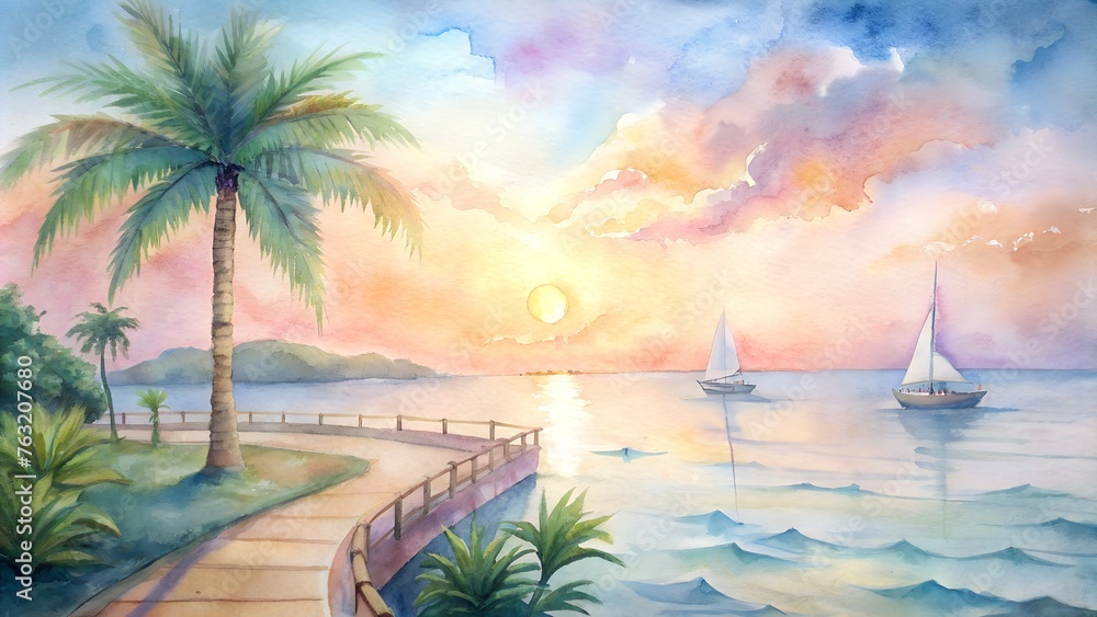 Watercolor painting of the sea coast