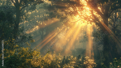 Morning sun rays pierce through the mist of a lush  green forest  creating a mystical and serene atmosphere.