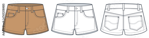 Shorts technical fashion illustration. Short Pants fashion flat technical drawing template, front and back view, white, camel brown, women, men, unisex CAD mockup set.