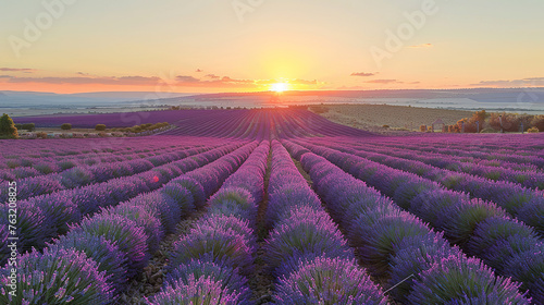 sunset over the lavender fields with a clear sky  with empty copy space