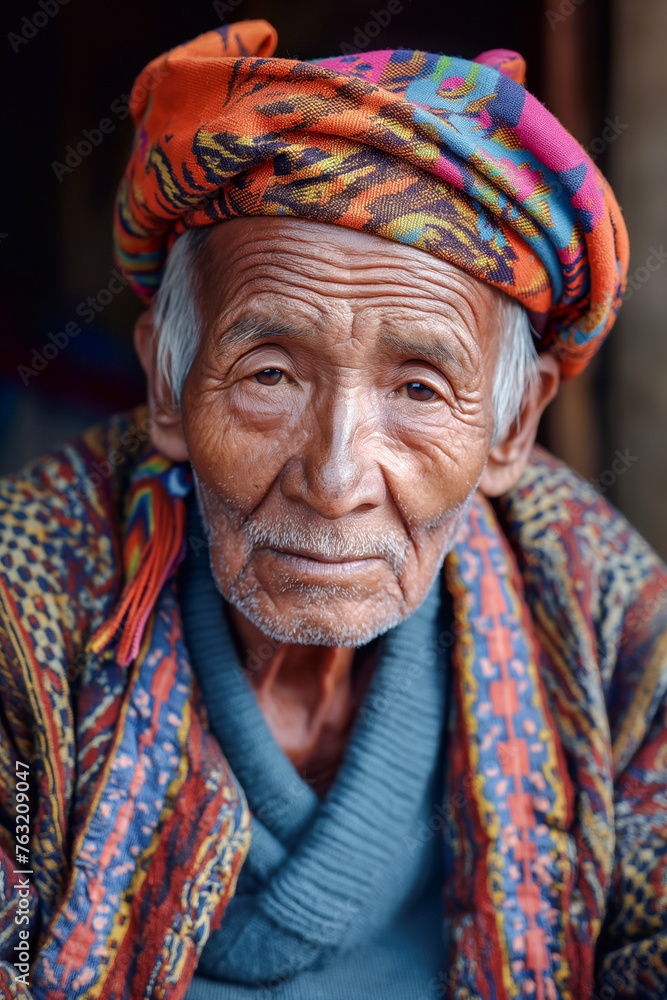 Elderly Nepalese man with typical colorful woolen clothes