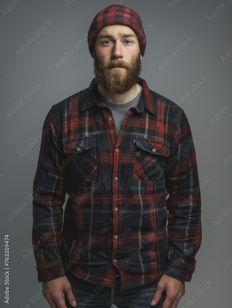 Fototapeta premium Portrait of a bearded man in a red and black checked shirt with a red knitted beanie on a grey background