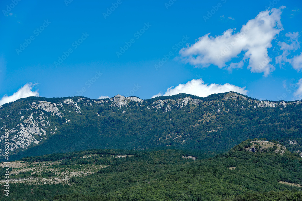 Scenic view of woodland and mountain panorama at southern Slovenian valley on a sunny summer day. Photo taken August 11th, 2023, Slovenia.