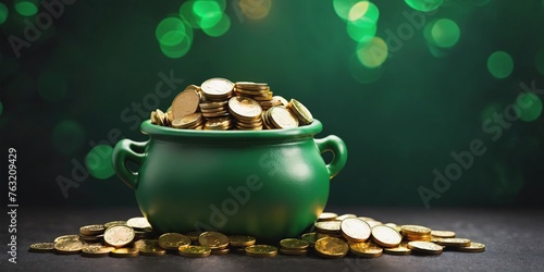  Leprechaun Pot of Gold Coins. A ceramic pot overflowing with gold coins sits on a flat surface. The pot has a decorative pattern. The coins are golden yellow and appear old.