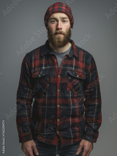 Portrait of a bearded man in a red and black checked shirt with a red knitted beanie on a grey background photo