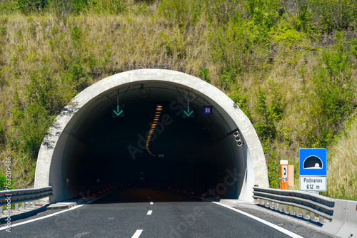 Slovenian highway with tunnel named Podnanos near the Italian border on a sunny summer day. Photo taken August 11th, 2023, Slovenia.
