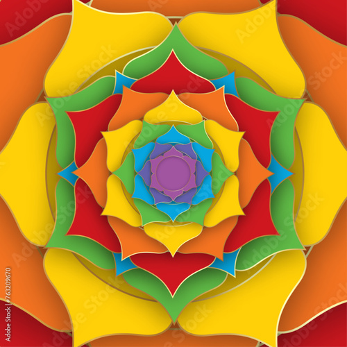 Sacred Lotus with the seven colors of the chakras for yoga, meditation and spa center. Set of mystical colorful petals, esoteric multicolors flower, vector Indian lotus background 