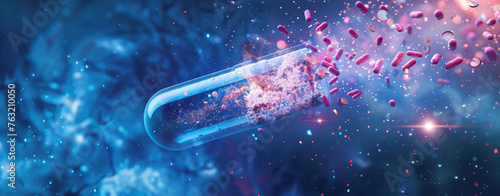 Dynamic Release of Medical Capsule Contents. Conceptual image of a capsule dispersing advanced pharmaceutical compounds.