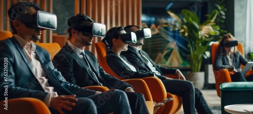 Virtual reality conference. Group of business professionals wearing VR headsets seated in modern lounge chairs, engaged in a virtual meeting or presentation.