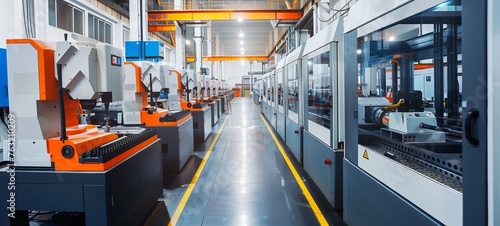 Modern industrial factory interior. Wide-angle view of a contemporary manufacturing facility with a series of CNC milling machines lined up photo
