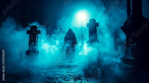 Mysterious foggy cemetery at night