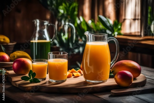 mango juice in a jug and two glass on beautiful table on the room