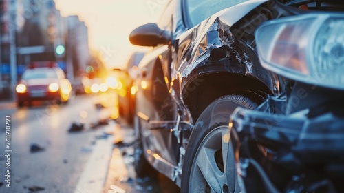 Car accident scene. A damaged vehicle after a collision, with debris on the road and the blurred city traffic in the background during twilight, emphasizing urban traffic incidents. photo