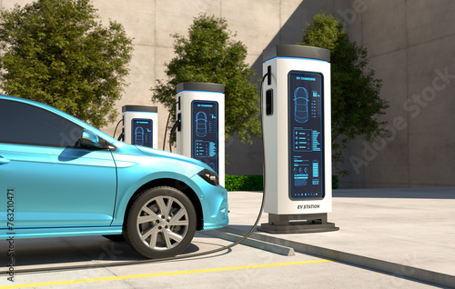 Electric cars Charging at the charging station, Electric power is an alternative fuel. 3D illustration photo