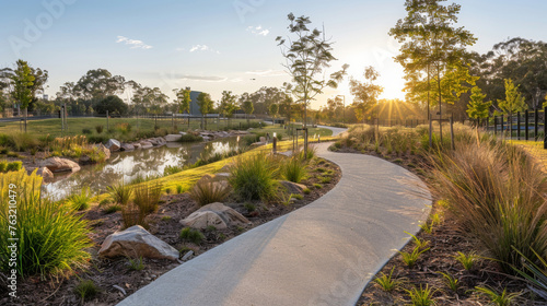 The golden hour sun casts a warm glow over a peaceful suburban park with a winding path, pond, and native vegetation.