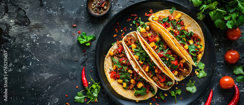 food photography  elegant chilli tacos dish  top down view  black plate  herbs and spices  plain background with lots of free copy space