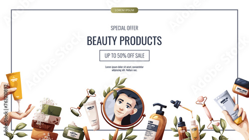 Banner design with set of beauty products, cosmetics, soap, woman. Beauty, skin care, body care, cleansing concept. Vector illustration for banner, poster, promo.