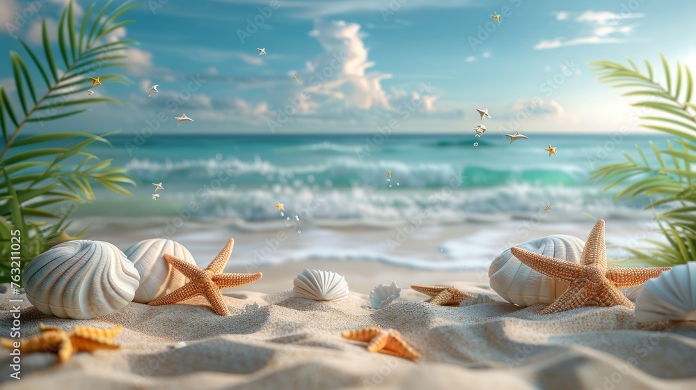 Seashells and Starfish on Sandy Beach Seashells and Starfish on Sandy Beach