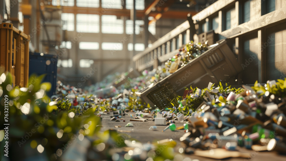 Fototapeta premium Endless heaps of colorful recycling materials scattered across a factory floor.