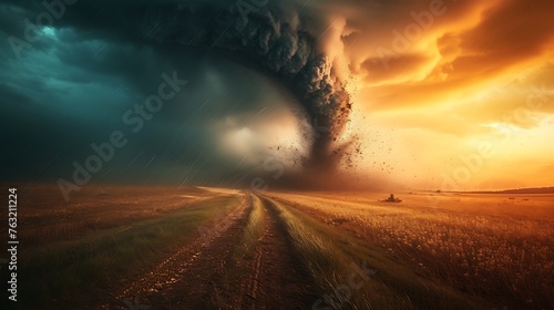 Tornado In Stormy Landscape - Climate Change And Natural Disaster Concept