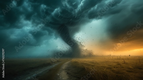 Tornado In Stormy Landscape - Climate Change And Natural Disaster Concept