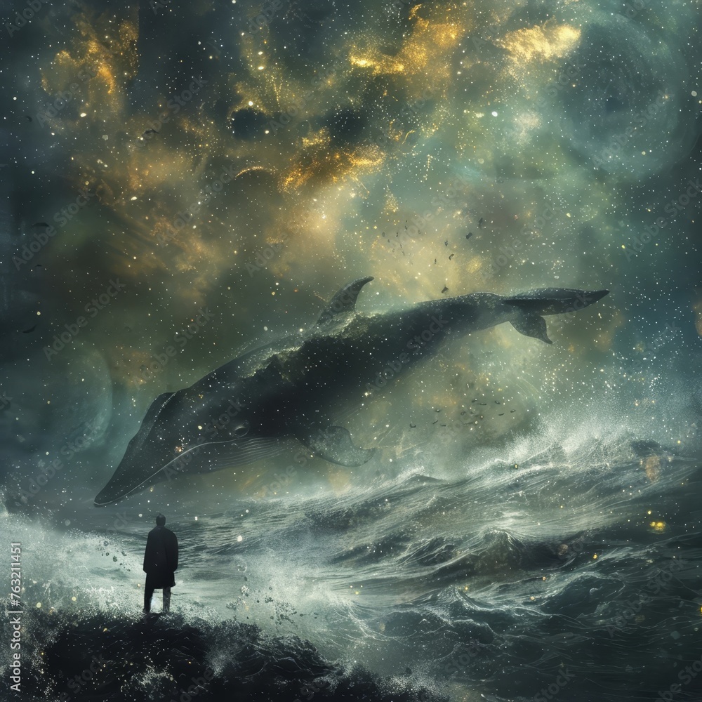 Fototapeta premium Surreal collage with man and whale, AI generated 