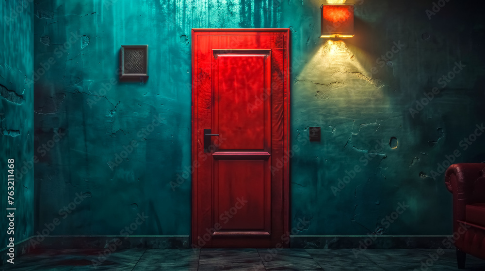 Mysterious red door in a moody dark room Mysterious red door in a moody dark room
