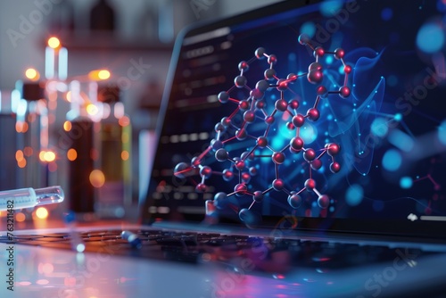 Molecular structure visualization on laptop screen - A detailed molecule visualization on a laptop screen in a laboratory setting hinting at scientific discovery